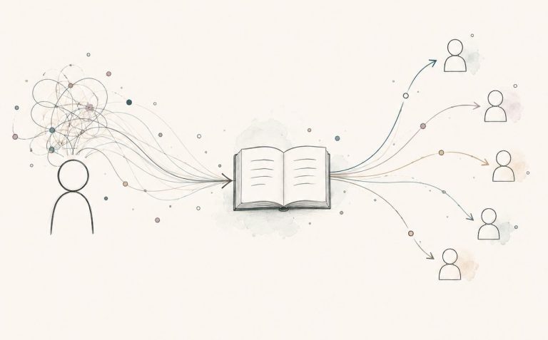 Wissen weitergeben Das Wissen, als Gedankenknäuel dargestellt, wird in einem Buch gebündelt. Das Buch wirkt auf seine Leser:innen, skizziert durch Pfeile