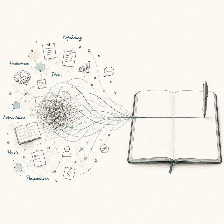 Illustration zur Entwicklung eines Expertenbuchs: Fachwissen, Erfahrungen und Ideen werden zu einem klaren Buchkonzept zusammengeführt.
